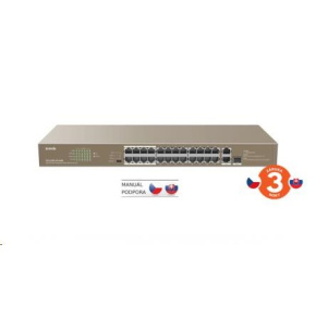 Tenda TEF1126P-24-410W - PoE AT Switch 370Watt, 24xRJ45 10/100 Mbps PoE, 2x Gigabit Uplink RJ45/SFP, bez ventilátora, kov