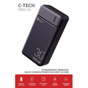 C-TECH Powerbanka 30000mAh, Li-Pol, 20W, USB-C/USB-A/micro USB C-TECH Powerbanka 30000mAh, Li-Pol, 20W, USB-C/USB-A/micro USB