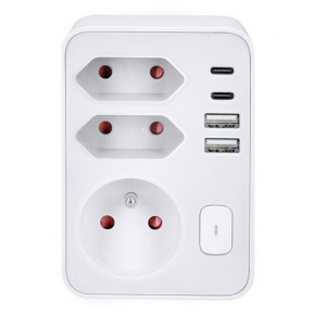 Solight rozbočka, 1x 16A + 2x 2,5A, 2xUSB A+C, bílá, vypínač