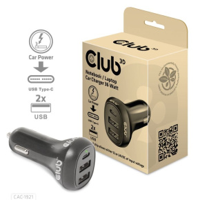 Club3D Auto nabíječka pro Notebooky 36W, 3 porty (2xUSB-A + USB-C)